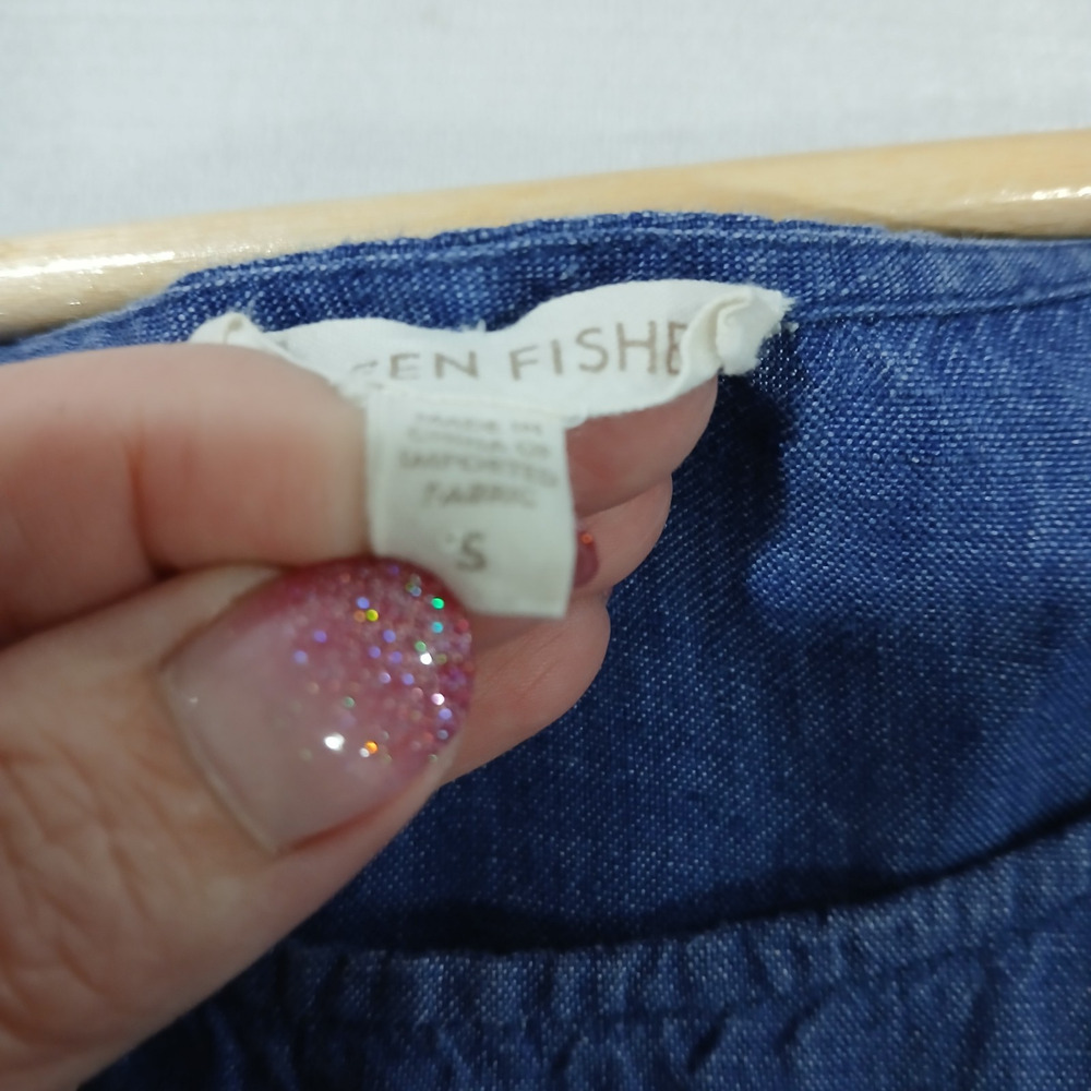 Eileen Fisher Linen Dress Size Small Blue Sleeveless Strappy Tie Waist Fit Flare - Picture 12 of 16